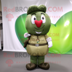 Olive Heart Shaped Balloons mascot costume character dressed with a Waistcoat and Tote bags