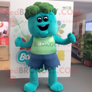 Teal Broccoli mascot costume character dressed with a Playsuit and Belts
