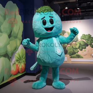 Teal Broccoli mascot costume character dressed with a Playsuit and Belts