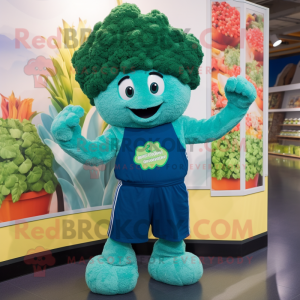 Teal Broccoli mascot costume character dressed with a Playsuit and Belts