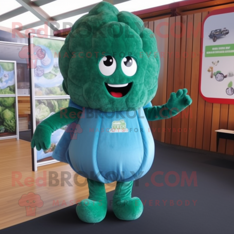 Teal Broccoli mascot costume character dressed with a Playsuit and Belts