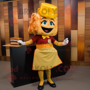 Rust Grilled Cheese Sandwich mascot costume character dressed with a Pencil Skirt and Hats