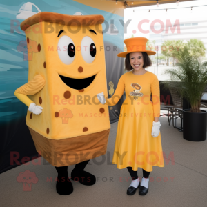 Rust Grilled Cheese Sandwich mascot costume character dressed with a Pencil Skirt and Hats