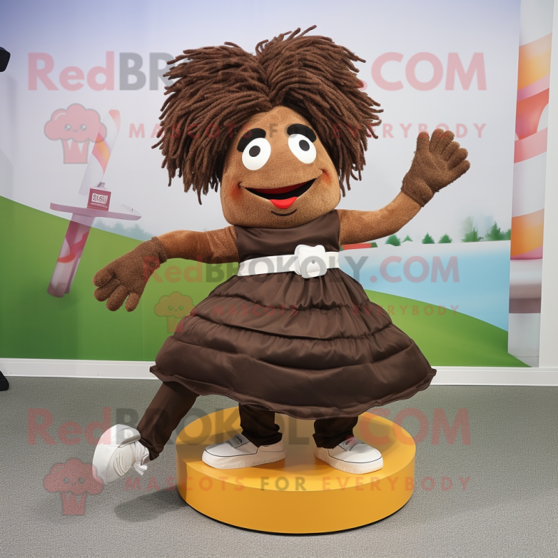 Brown Contortionist mascot costume character dressed with a Skirt and Shoe laces Brown Contortionist mascot costume character dressed with a Skirt and Shoe laces