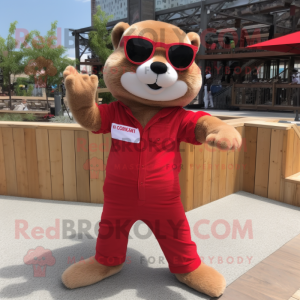 Red Ferret mascot costume character dressed with a Jeggings and Sunglasses