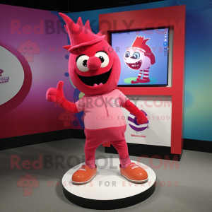Red Pink mascot costume character dressed with a Henley Shirt and Shoe clips