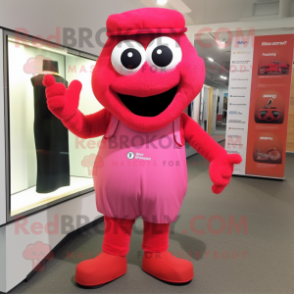 Red Pink mascot costume character dressed with a Henley Shirt and Shoe clips