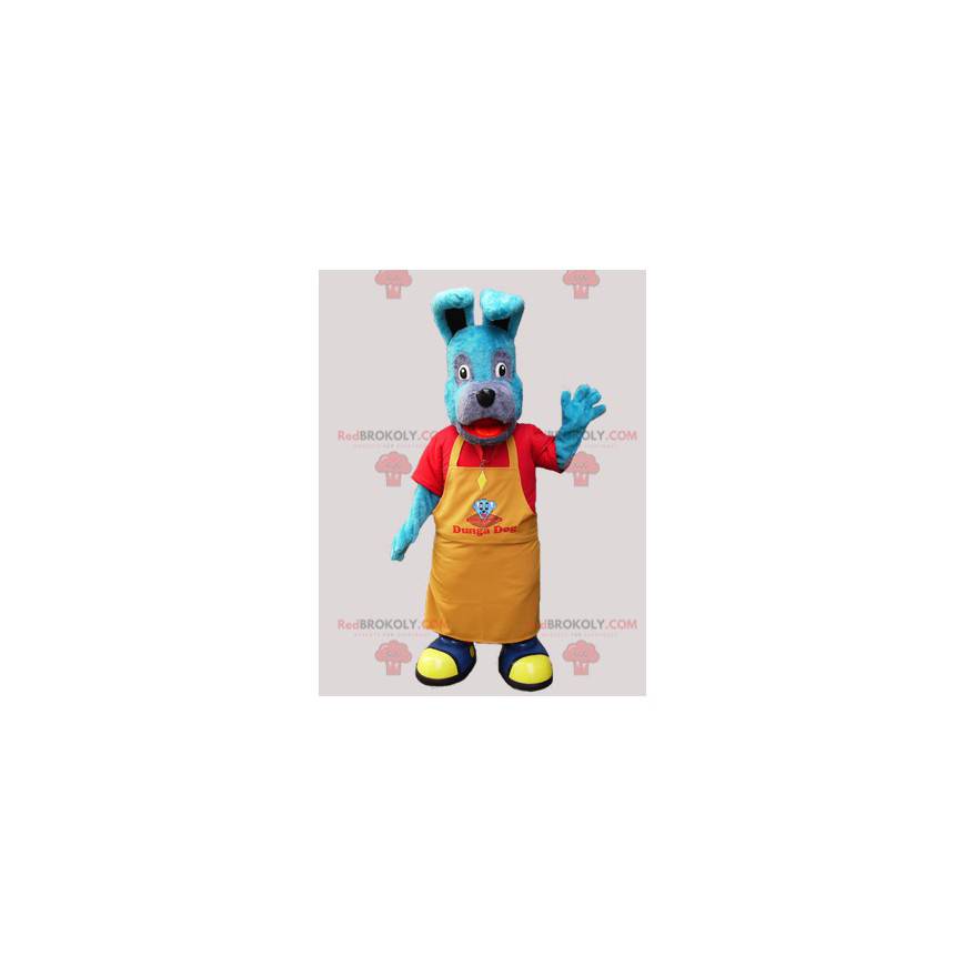 Blauwe hond mascotte met een geel schort - Redbrokoly.com