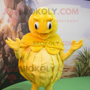 Lemon Yellow Hermit Crab mascot costume character dressed with a Mini Dress and Gloves