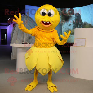 Lemon Yellow Hermit Crab mascot costume character dressed with a Mini Dress and Gloves