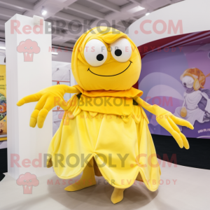 Lemon Yellow Hermit Crab mascot costume character dressed with a Mini Dress and Gloves