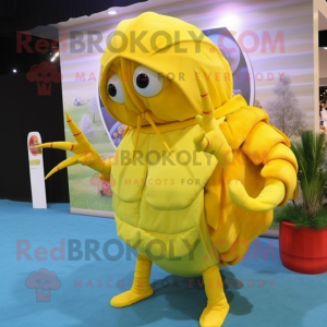 Lemon Yellow Hermit Crab mascot costume character dressed with a Mini Dress and Gloves