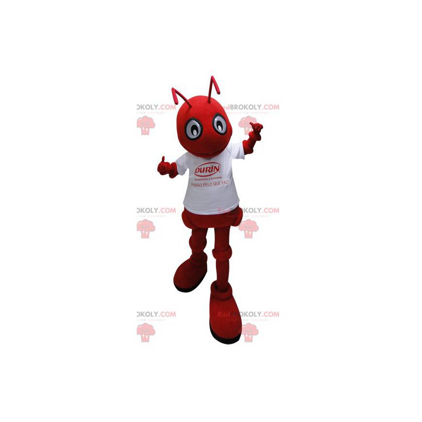 Mascotte formica rossa con una maglietta bianca - Redbrokoly.com