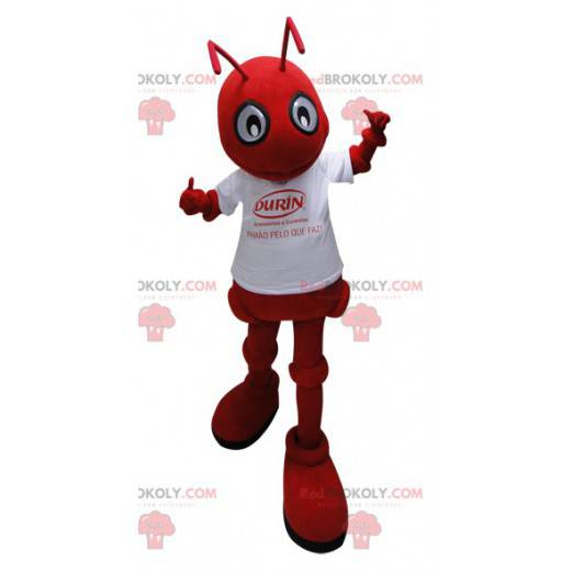 Mascotte formica rossa con una maglietta bianca - Redbrokoly.com