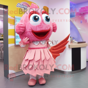 Pink Fish And Chips mascot costume character dressed with a Skirt and Hair clips