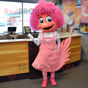 Pink Fish And Chips mascot costume character dressed with a Skirt and Hair clips