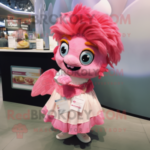 Pink Fish And Chips mascot costume character dressed with a Skirt and Hair clips