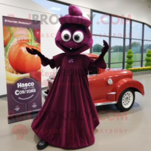 Maroon Grape mascot costume character dressed with a Evening Gown and Wraps