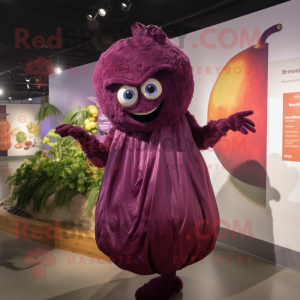 Maroon Grape mascot costume character dressed with a Evening Gown and Wraps