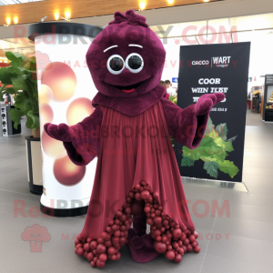 Maroon Grape mascot costume character dressed with a Evening Gown and Wraps