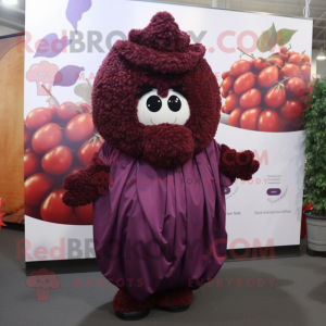 Maroon Grape mascot costume character dressed with a Evening Gown and Wraps