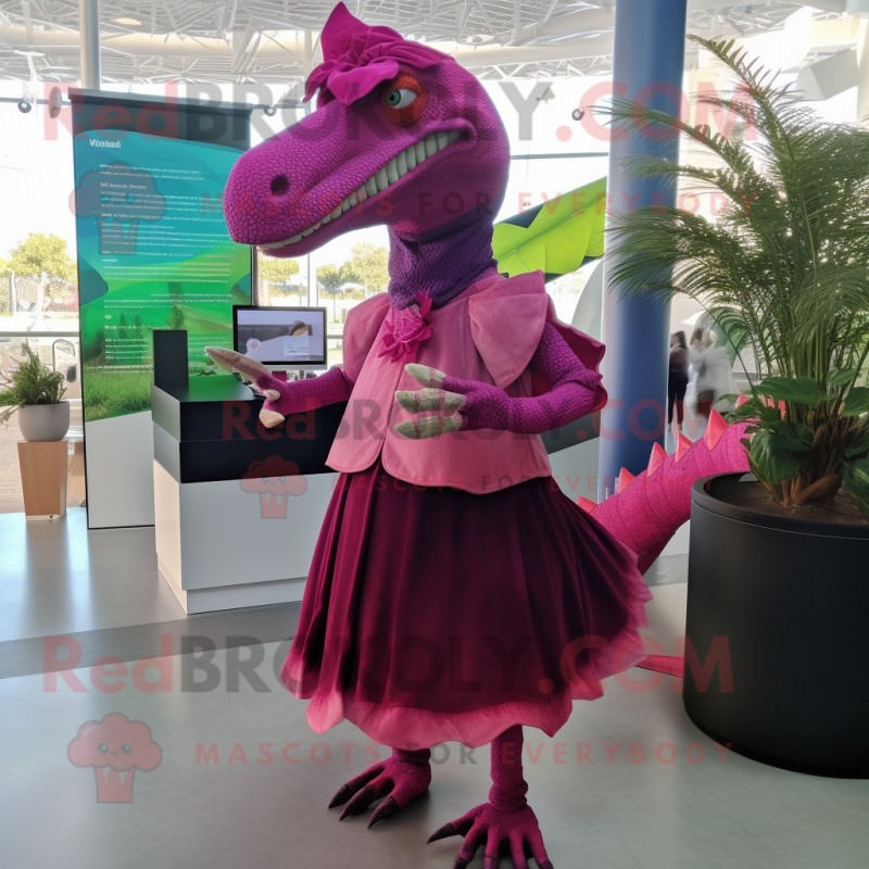 Magenta Spinosaurus mascot costume character dressed with a Wrap Skirt and Eyeglasses