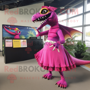 Magenta Spinosaurus mascot costume character dressed with a Wrap Skirt and Eyeglasses