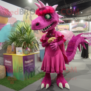 Magenta Spinosaurus mascot costume character dressed with a Wrap Skirt and Eyeglasses