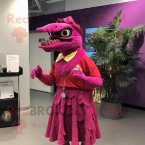 Magenta Spinosaurus mascot costume character dressed with a Wrap Skirt and Eyeglasses