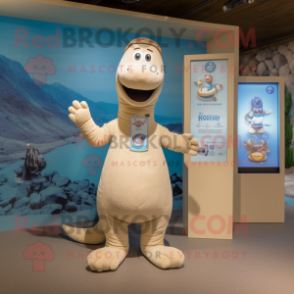 Beige Loch Ness Monster mascot costume character dressed with a Romper and Brooches