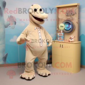 Beige Loch Ness Monster mascot costume character dressed with a Romper and Brooches