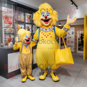 Yellow Evil Clown mascot costume character dressed with a Mom Jeans and Tote bags