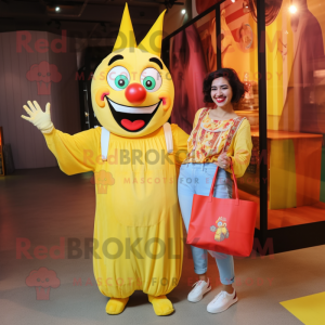 Yellow Evil Clown mascot costume character dressed with a Mom Jeans and Tote bags