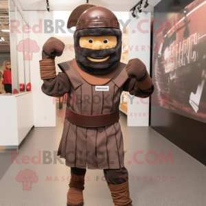 Brown Roman Soldier mascot costume character dressed with a Sweatshirt and Beanies