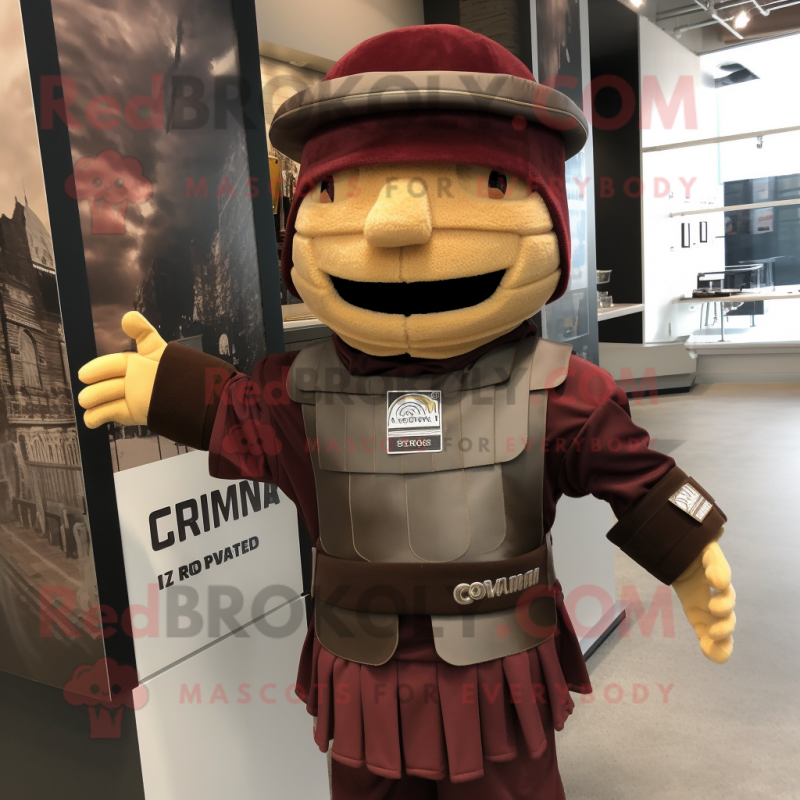 Brown Roman Soldier mascot costume character dressed with a Sweatshirt and Beanies