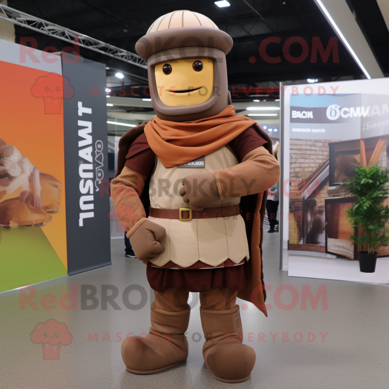 Brown Roman Soldier mascot costume character dressed with a Sweatshirt and Beanies