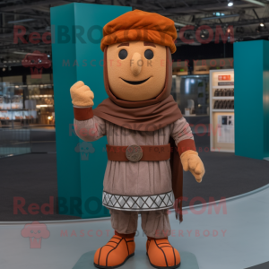 Brown Roman Soldier mascot costume character dressed with a Sweatshirt and Beanies