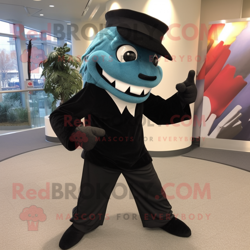 Black Barracuda mascot costume character dressed with a Dress Pants and Mittens