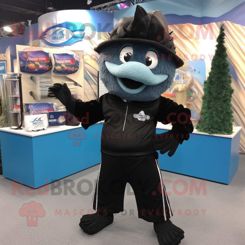 Black Barracuda mascot costume character dressed with a Dress Pants and Mittens