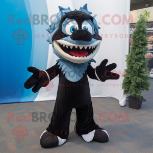 Black Barracuda mascot costume character dressed with a Dress Pants and Mittens