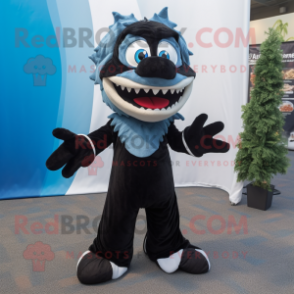Black Barracuda mascot costume character dressed with a Dress Pants and Mittens