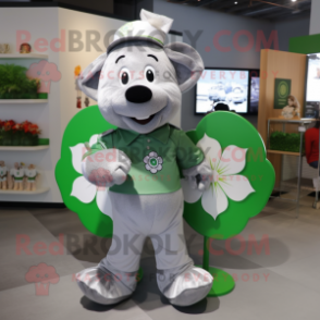 Silver Four Leaf Clover mascot costume character dressed with a Polo Shirt and Coin purses
