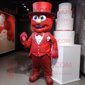 Red Wedding Cake mascot costume character dressed with a Vest and Belts