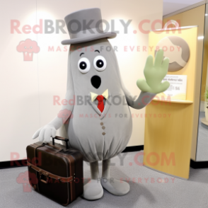 Gray Radish mascot costume character dressed with a Evening Gown and Briefcases