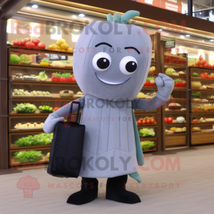 Gray Radish mascot costume character dressed with a Evening Gown and Briefcases
