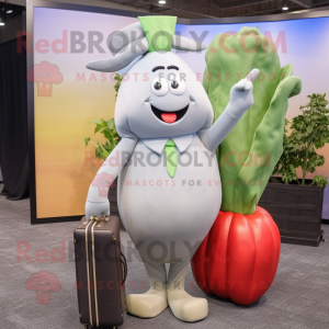 Gray Radish mascot costume character dressed with a Evening Gown and Briefcases