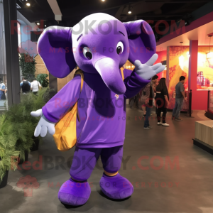 Purple Elephant mascot costume character dressed with a Long Sleeve Tee and Backpacks