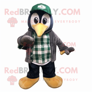 Forest Green Penguin mascot costume character dressed with a Flannel Shirt and Caps