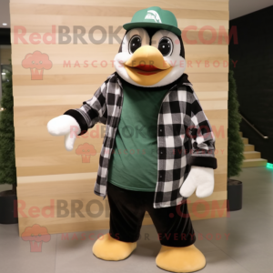 Forest Green Penguin mascot costume character dressed with a Flannel Shirt and Caps