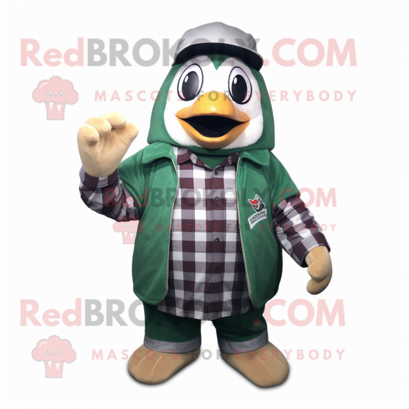 Forest Green Penguin mascot costume character dressed with a Flannel Shirt and Caps Forest Green Penguin mascot costume character dressed with a Flannel Shirt and Caps